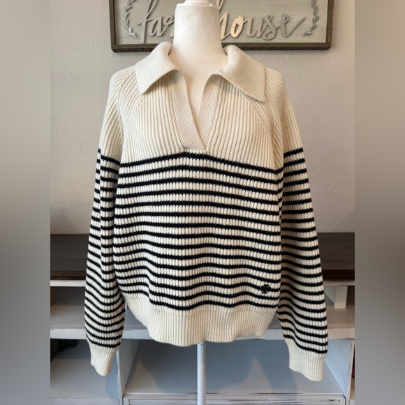Tory Burch Sweaters - Tory Burch Striped 100% Wool‎ Open Collar Sweater Collared Women's Size L